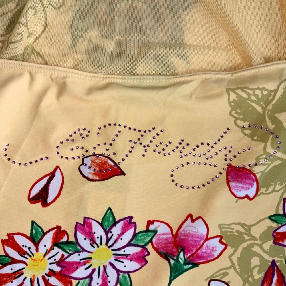 Ed Hardy Skirt Set Yellow New Tattoo Mesh Rhinestone Y2K 2 Piece Top Mini Skirt - Picture 3 of 11